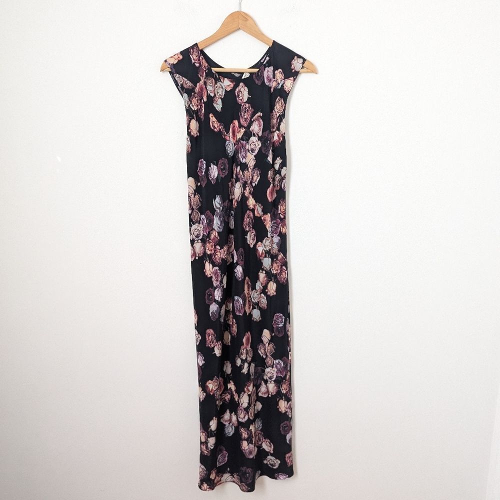Wilfred Aritzia black purple moody floral 100% silk slinky column midi dress - Picture 2 of 5